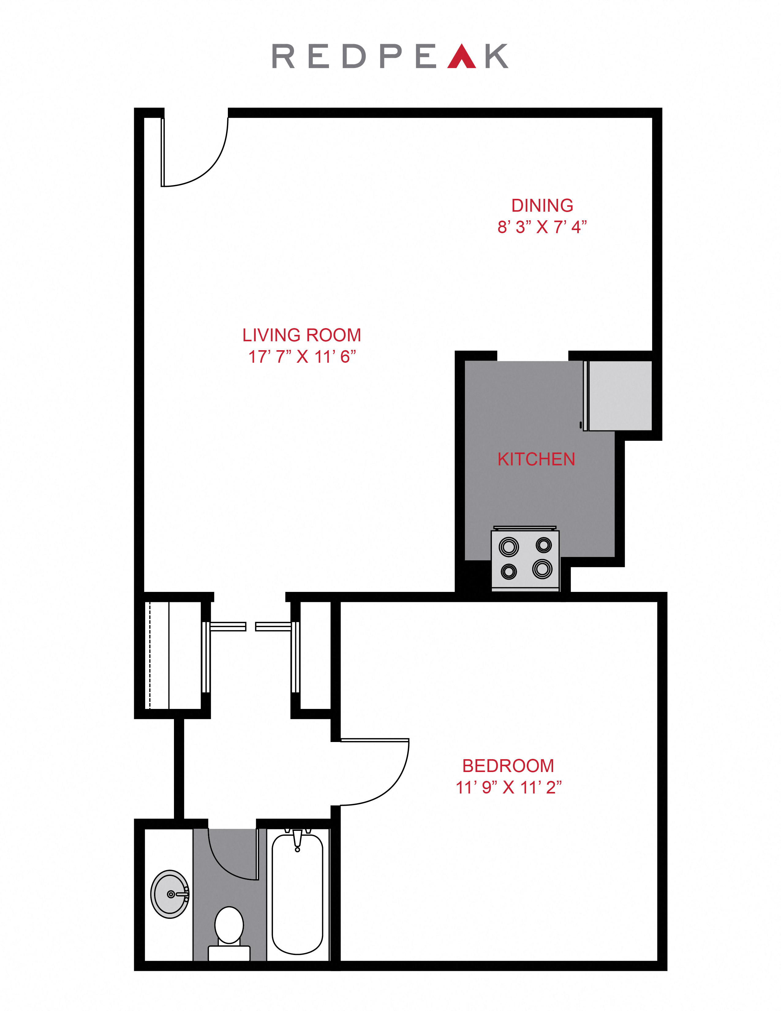 Floor plan for 1 bed, 1 bath, 710 sqft